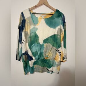 Chico’s Watercolor Banded Hem Top SZ 3 US XL Boat Neck 3/4 Sleeves Multi Color